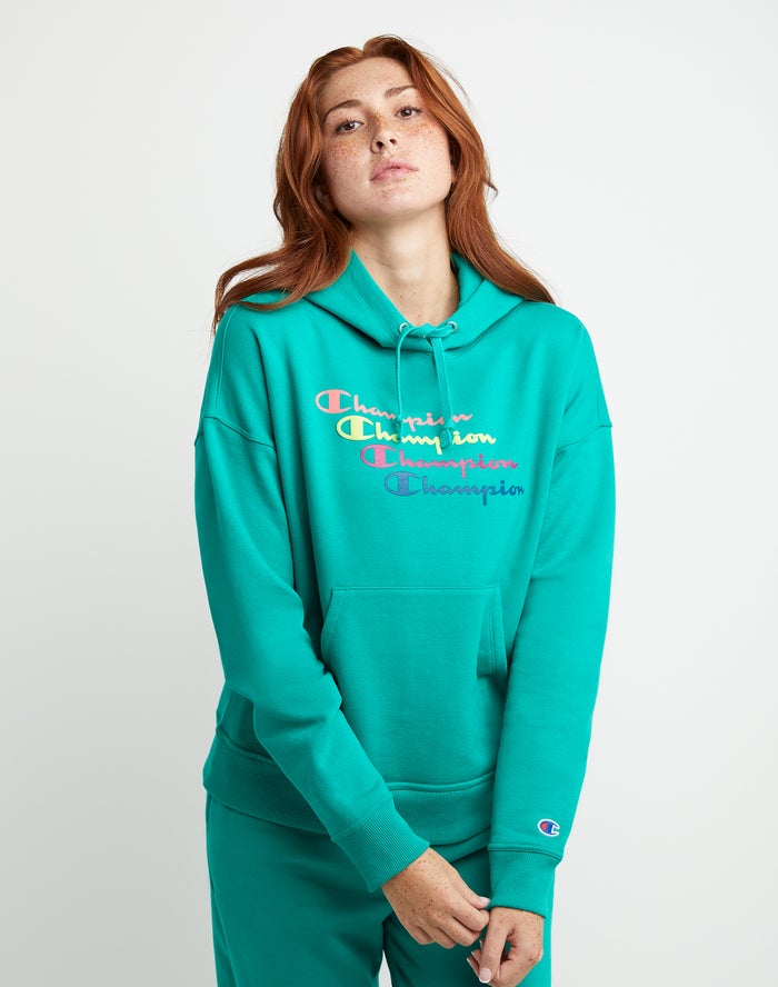 Champion Womens Hoodie NZ - Powerblend Fleece Relaxed Stacked Scripts Logo Turquoise ( 7540-ALCSZ )